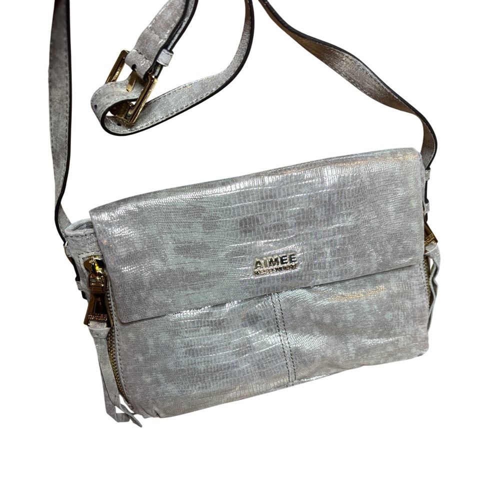 Aimee Kestenberg Silver Metallic Lizard Embossed Leather Crossbody Bag NEW